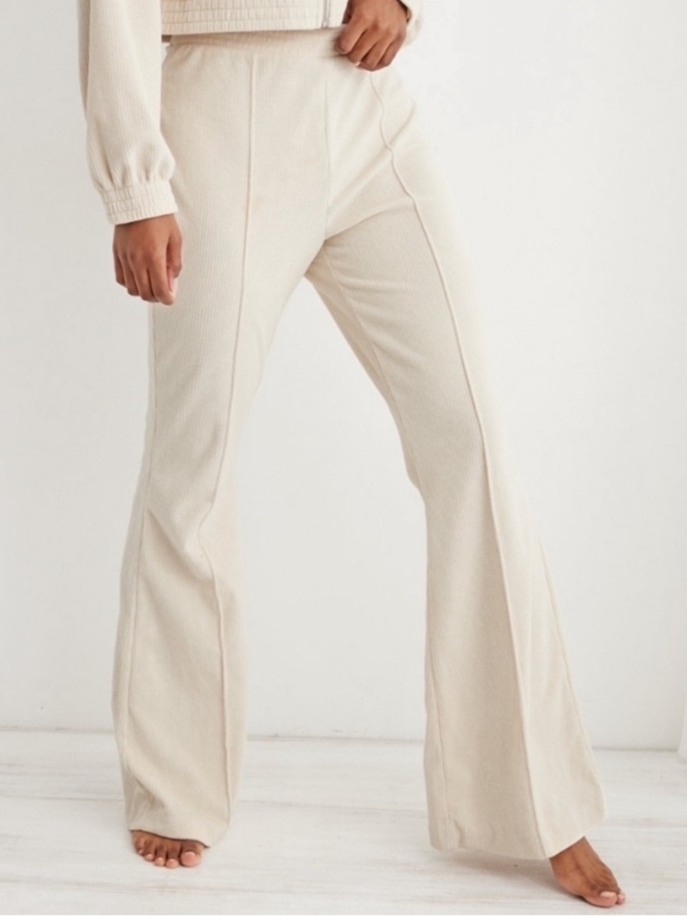 Aerie Flare Ribbed Velour Pants Cream Ivory Size Small NWT New